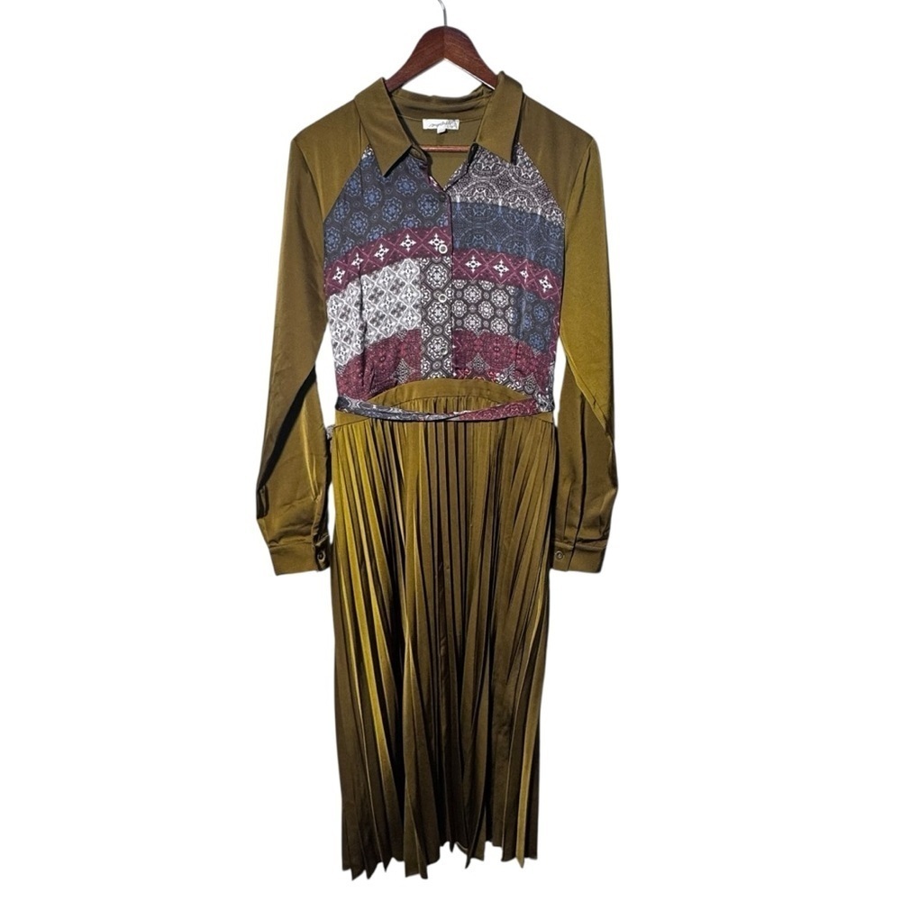Mystree Patchwork Design Pleated Skirt Satin Long Sleeve Midi Dress Size Large